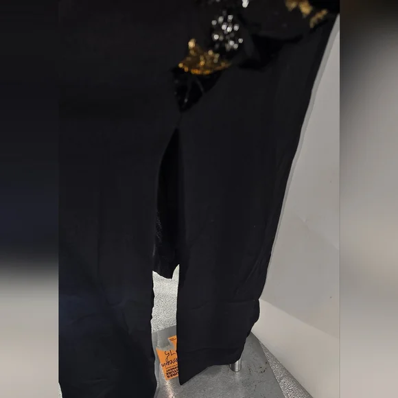 RICHILENE Elegant Black gown With Metallic Gold And Silver Leafs RARE GOWN